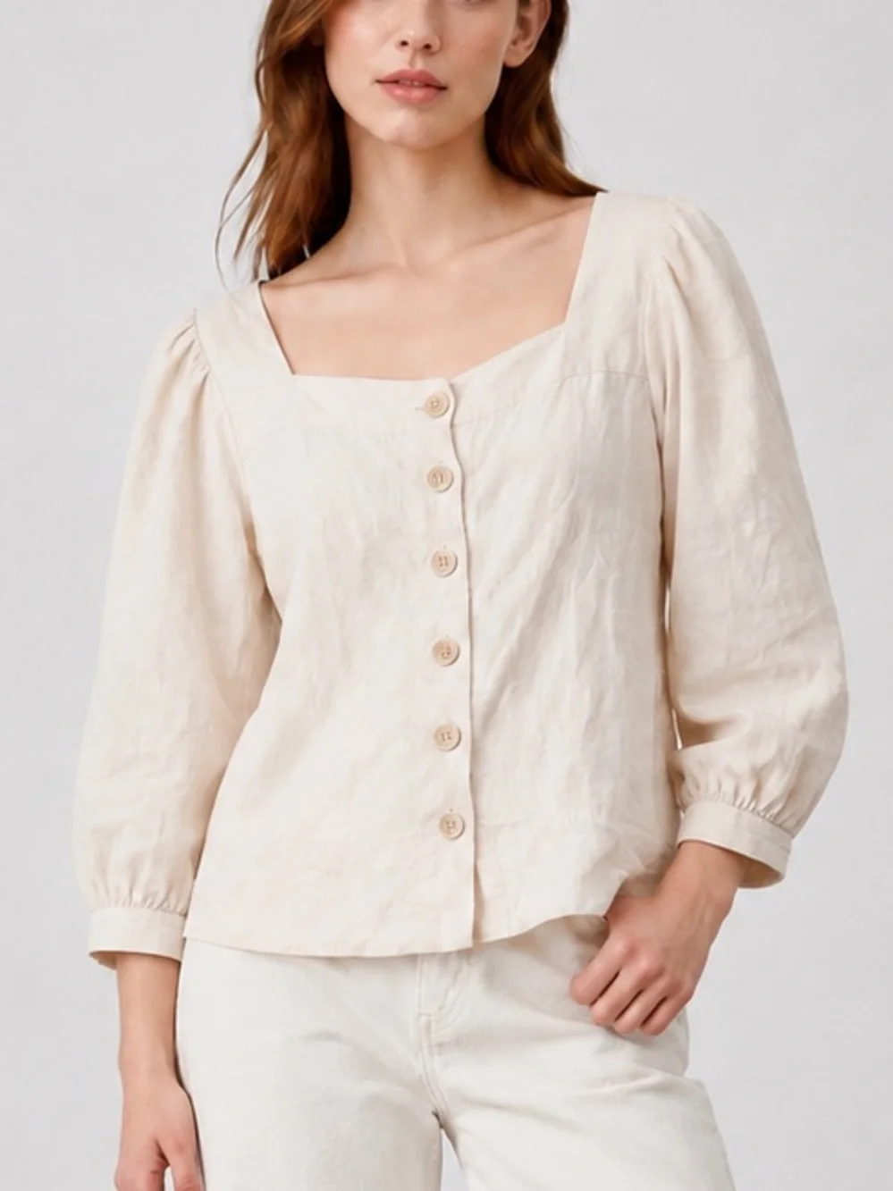 J. Crew 100% Linen Button Front Puff Sleeve Blouse Top Ivory Medium